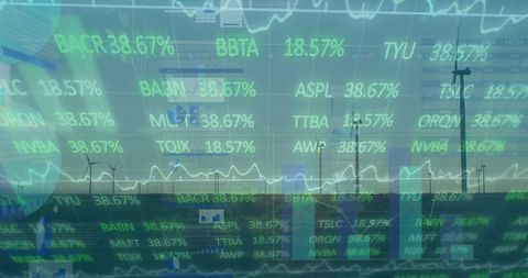 Wind Turbines with Stock Market Data Overlay Illustrating Renewable Energy Investment