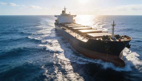 Steaming bulk carrier cutting through open ocean at sunset with bulbous bow and wake