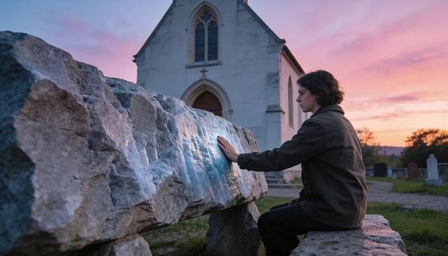 Young man touching weathered stone slab in churchyard at sunset, sitting and contemplating