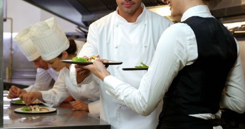 Chefs Decorating Dishes in Restaurant Kitchen with Waitress Serving - Download Free Stock Images Pikwizard.com