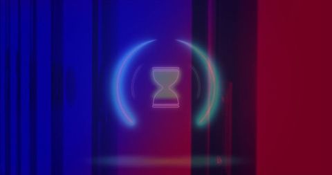 Neon hourglass overlay on server racks symbolizing data processing
