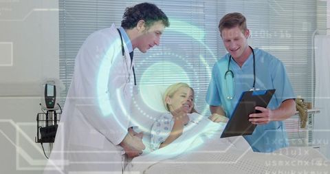 Compassionate clinician team holding patient hand at bedside with digital vital overlay