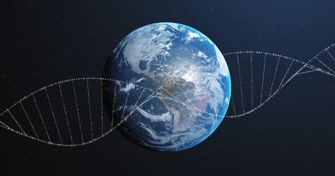 Planet earth glowing with encircling dna helix visualizing global genome connectivity