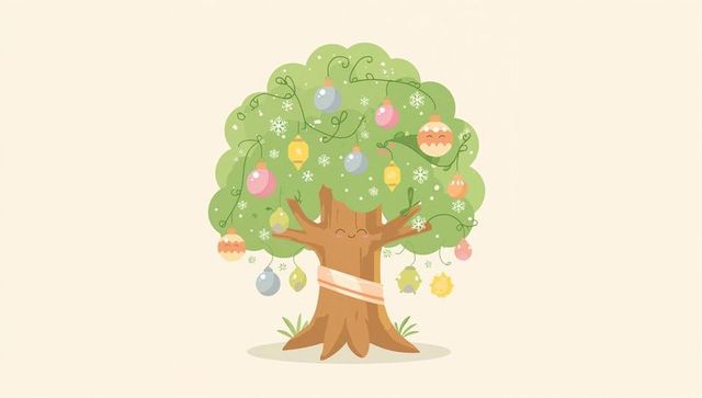 Decorating smiling cartoon tree with pastel baubles and pale ribbon for festive designs