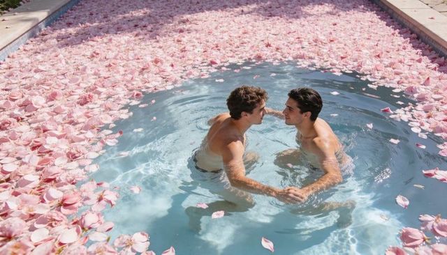 Gay couple holding hands in blossom-filled plunge pool under sunlit pink petals