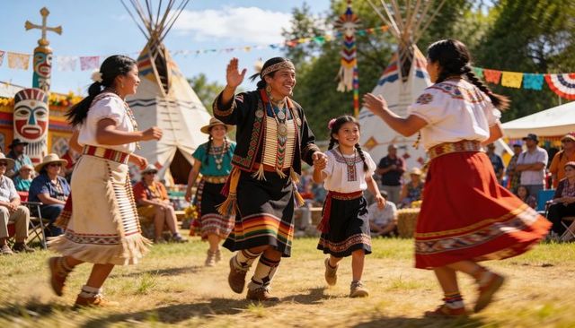 Indigenous family dancing in traditional regalia at colorful powwow gathering with tipis and totem