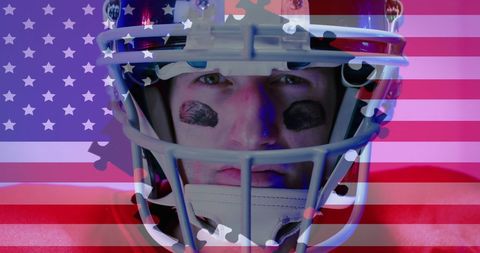 Caucasian football player with usa flag overlay highlighting patriotism
