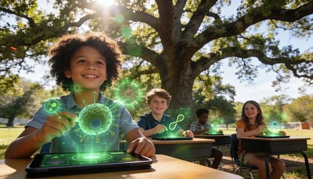 Children exploring microbiology outdoors using ar tablet holograms of viruses and dna