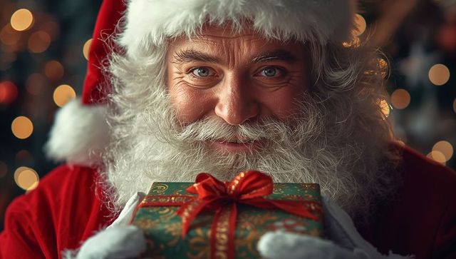 Jolly Santa Claus Holding Christmas Gift with Warm Smile