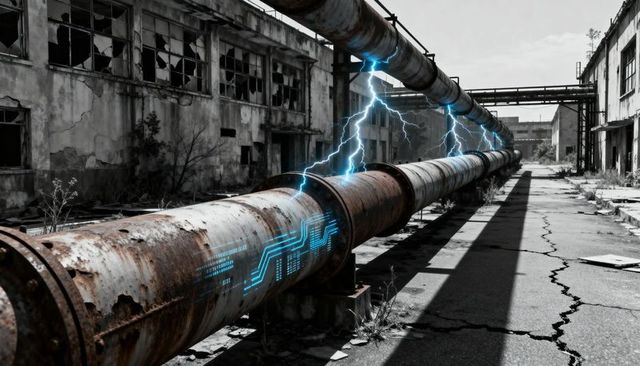 Rusting Industrial Pipeline Flashing Blue Circuits and Electrical Arcs at Abandoned Factory