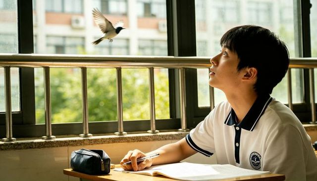 Teen student studying at classroom desk watching bird through window, thoughtful moment