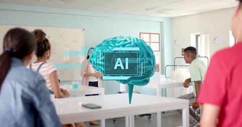 Teacher presenting holographic ai brain in stem chemistry class while students learning