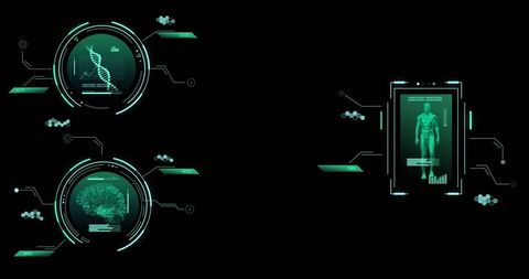 this visual captures futuristic digital interfaces displaying scientific data on a black background. ideal for illustrating concepts in bioinformatics, technology research, or cybernetic innovation, it provides an engaging depiction of data analysis processes and advanced technological applications in human biology.