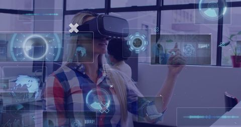 Woman Using VR Headset Interacting with Digital Interfaces