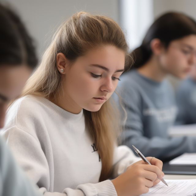 Teenage student focusing on writing during examination in classroom setting. Ideal for educational blogs, articles on study tips, school brochures, academic promotional materials, and lifestyle content on student life.