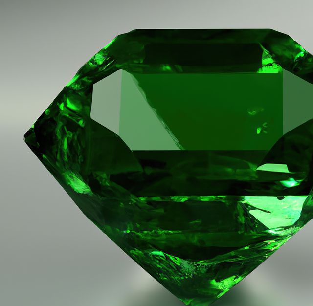 Close-up image of a brilliantly cut green emerald gemstone placed on a reflective surface. This high-definition visual is ideal for illustrating jewelry designs, luxury advertisements, gemological studies, or adding a touch of elegance to promotional materials related to luxury goods.
