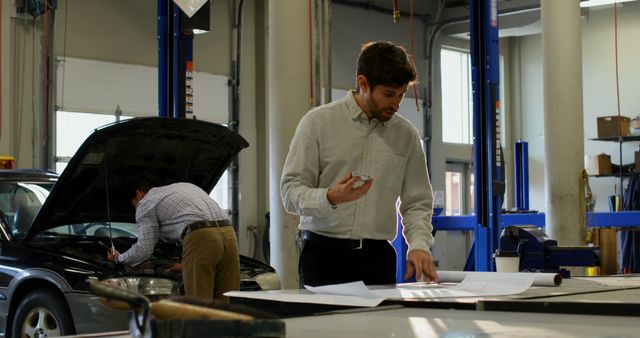 Mechanic Inspecting Car While Colleague Reviewing Plans in Auto Repair Shop - Download Free Stock Images Pikwizard.com