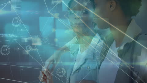 Twin Sisters Embracing with Digital Connections Overlay