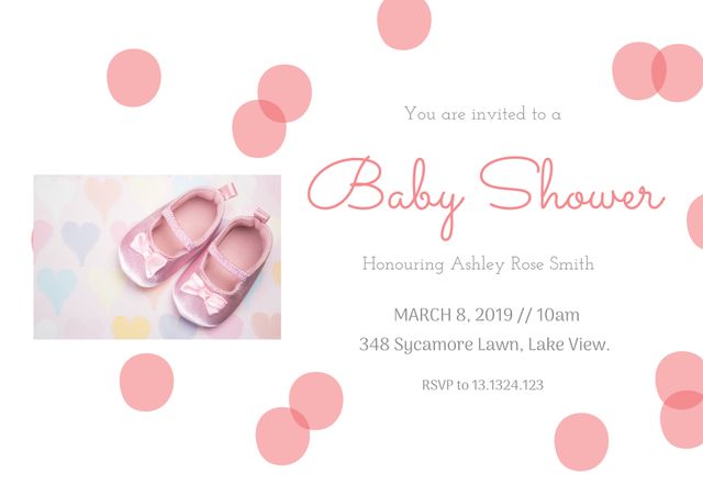 Celebrating new life, a baby shower invitation features soft pink hues and tiny shoes, evoking warmth and anticipation. Ideal for birth announcements or first birthday party invites, this template radiates tender joy.
