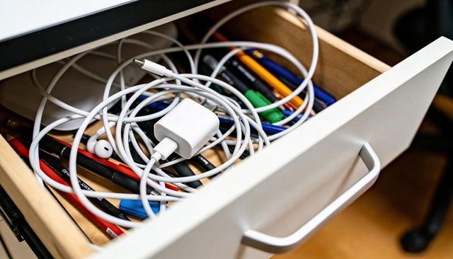 Tangled charging cables and earbuds spilling in open desk drawer with pens and stationery
