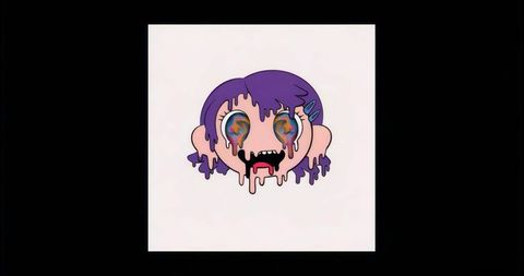 Melting Cartoon Head with Purple Hair and Psychedelic Swirl Eyes Dripping Emotive Design