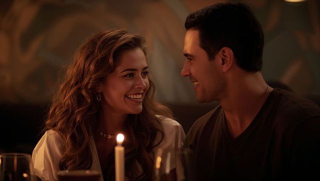 Romantic couple enjoying cozy candlelit dinner in elegant restaurant