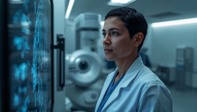 Female Radiologist Analyzing MRI Scans on Touchscreen in High-Tech Imaging Lab