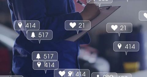 Female technician analyzing vehicle data with digital interface icons