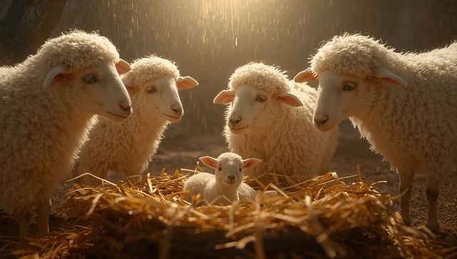 Resting lamb with protective flock in sunlit barn scene