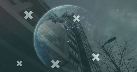 Futuristic Cityscape with Overlaid Earth and Abstract Elements