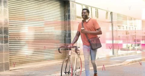 Smiling Man Walking Bicycle in Urban Street with Casual Style