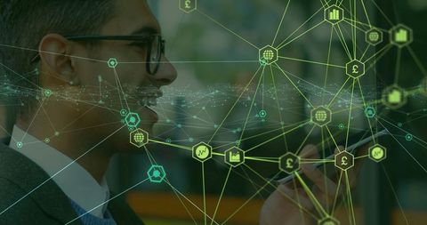 Business Professional Engaging with Financial Blockchain Network Overlay