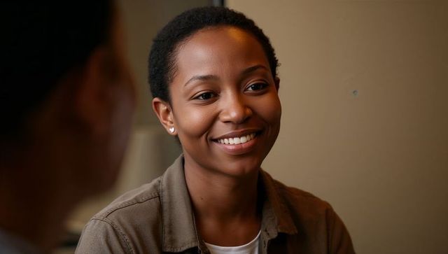 Smiling young woman wearing casual jacket during friendly conversation closeup, warm lighting