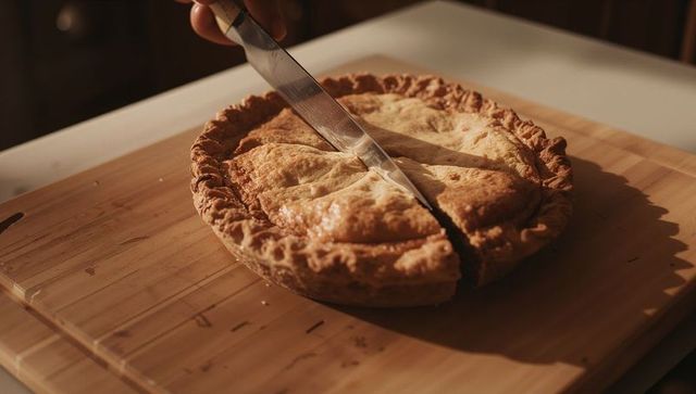 Hand Cutting Golden-Brown Pie on Wooden Board in Cozy Kitchen