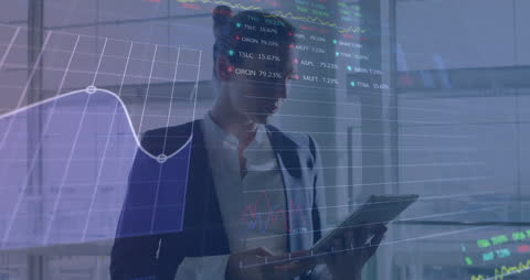 Businesswoman Analyzing Financial Data on Tablet with Virtual Graphs