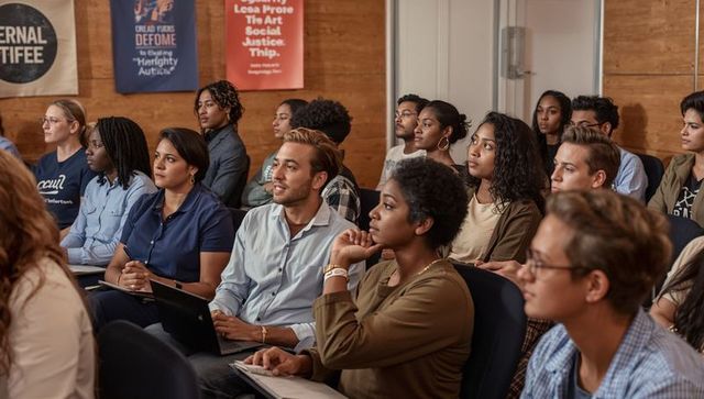 Diverse students listening attentively and taking notes during classroom lecture