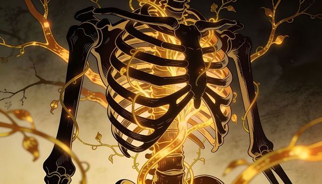 Glowing Black Skeleton Ribcage Entwining Golden Vines with Luminous Amber Light