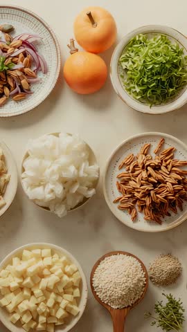 Vertical overhead reveal moving down marble counter showing bowls of rice, nuts, citrus