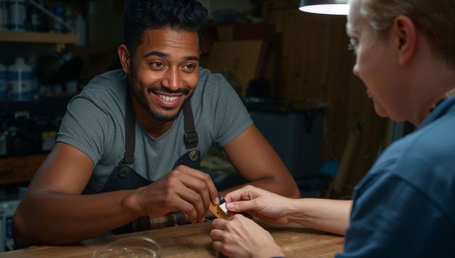 Smiling craftsman handing finished wooden piece to customer in cozy woodworking studio