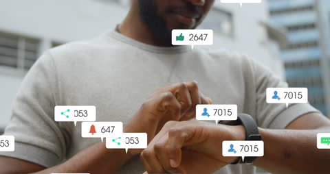 Man Tracking Social Media Metrics via Smartwatch outside