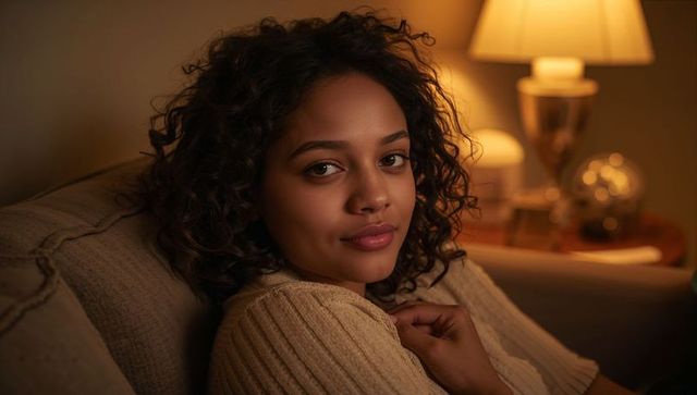 Cozy evening portrait of african american woman relaxing on sofa with warm lamp glow