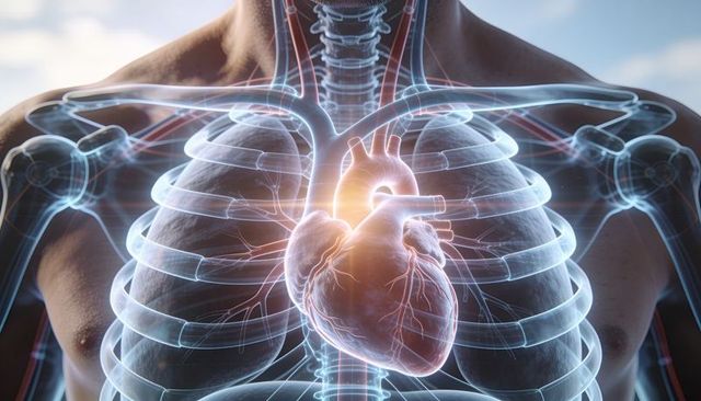 Glowing heart within translucent thorax displaying cardiac anatomy and vasculature
