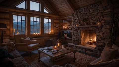 Cozy rustic mountain cabin interior with crackling stone fireplace, candlelight and plush seating