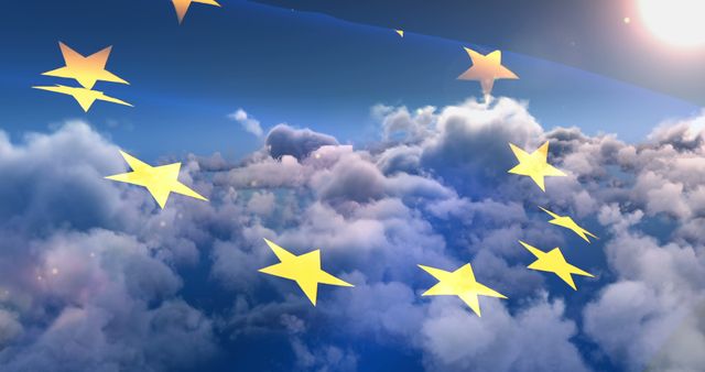 European Union flag stars merge with a vibrant cloudy sky background. Ideal for use in global political discussions, international affairs content, and European themes. Perfect for illustrating concepts of unity, cooperation, and blending of nation states. Useful for educational materials, presentations, and news articles about Europe and the EU.