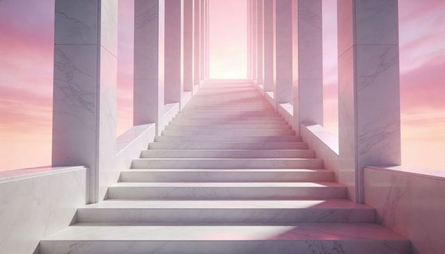 Ascending Marble Staircase Leading Toward Glowing Portal in Pastel Columned Hallway