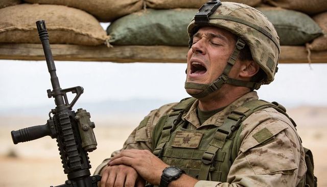 Desert outpost soldier shouting while gripping rifle beside sandbag fortification