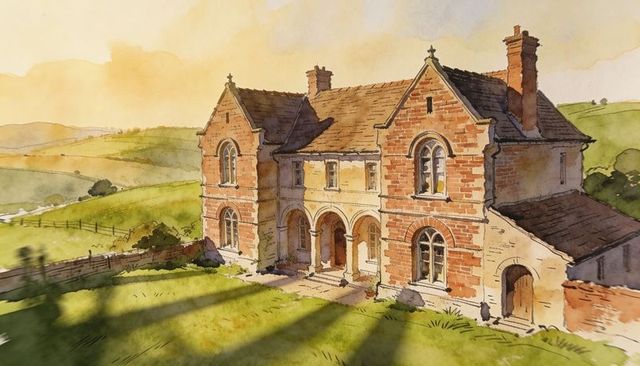 Sunlit country manor watercolor illustration showing rustic two-story brick house on hill