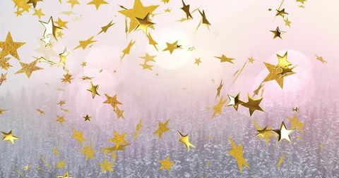Gold Star Confetti Floating Over Misty Winter Fir Forest with Soft Pastel Bokeh