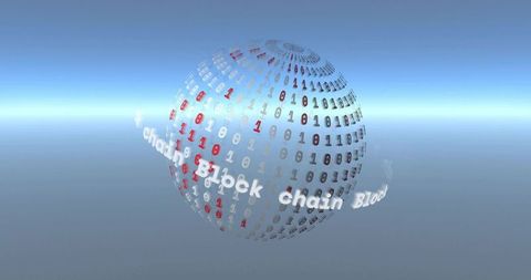 Rotating binary globe with blockchain ribbon hovering in futuristic virtual 3D space