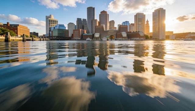 Boston waterfront skyline reflecting golden hour sunlight and rippling harbor reflections